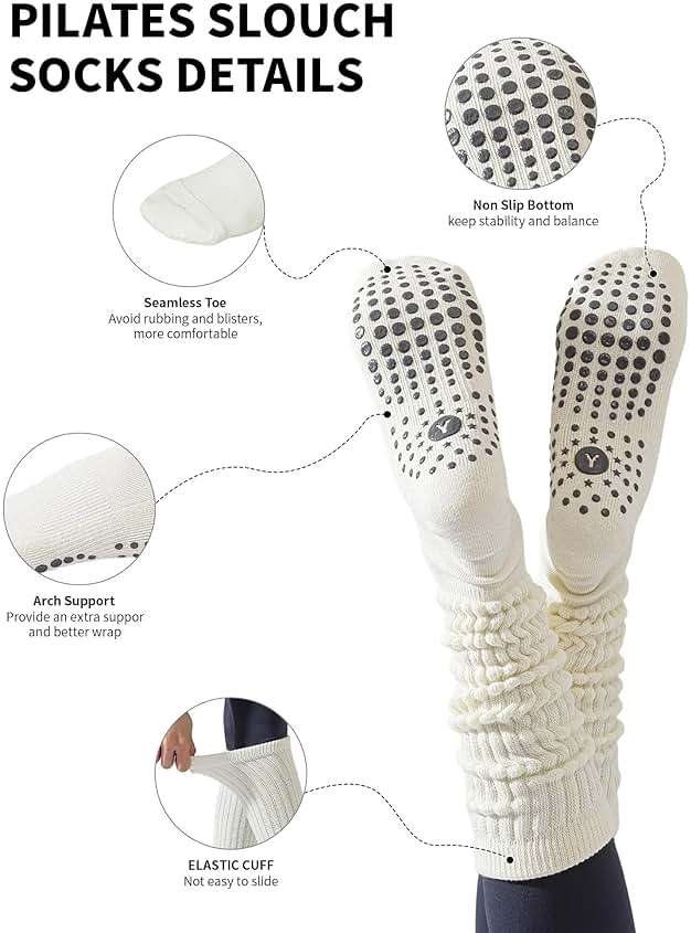 Yawlsow Pilates Socks with Grips for Women Yoga Ruffle Grippy Non Slip Long Slouchy Scrunch Socks for Barre Workout Hospital - Image 2