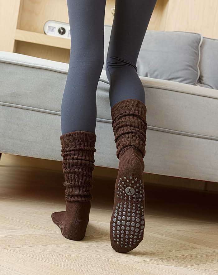 Yawlsow Pilates Socks with Grips for Women Yoga Ruffle Grippy Non Slip Long Slouchy Scrunch Socks for Barre Workout Hospital - Image 4