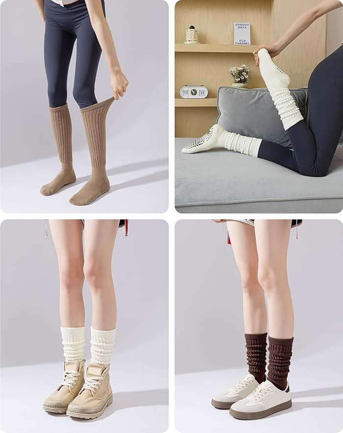 Yawlsow Pilates Socks with Grips for Women Yoga Ruffle Grippy Non Slip Long Slouchy Scrunch Socks for Barre Workout Hospital - Image 5