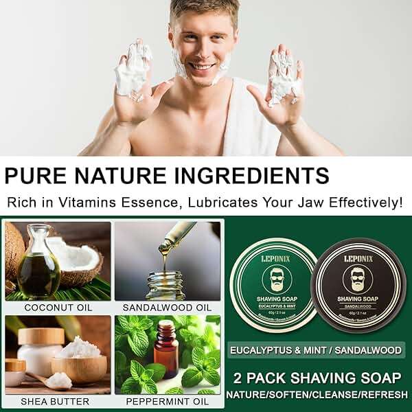 Shaving Kit for Men, Including Eucalyptus & Mint Pre-Shave Oil, After Shave Balm, 2 Packs Shaving Soap, Shaving Brush and Bowl, Beard Bib, Unique Gift for Men Stocking Stuffers - Image 6