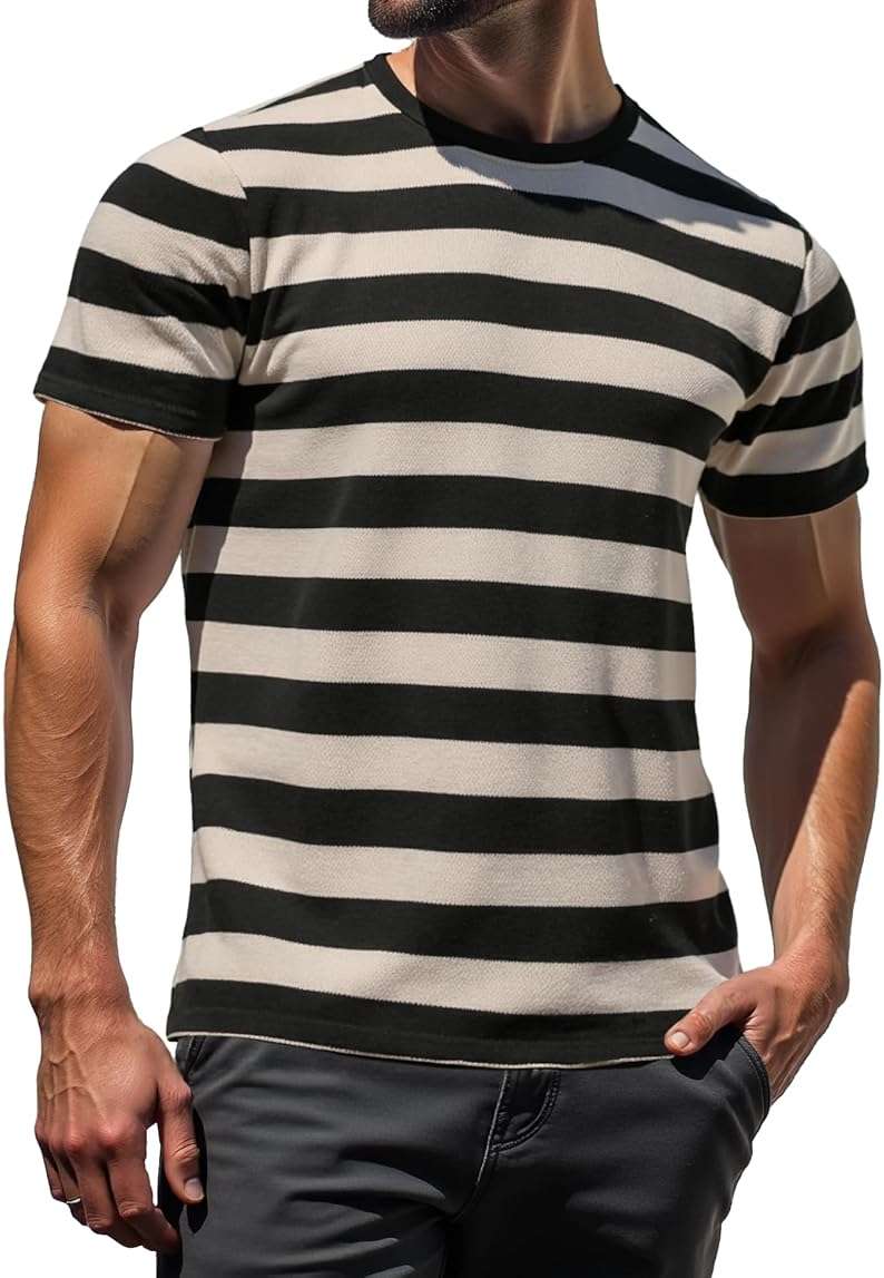 RGJU Mens Striped T Shirt Textured Pique Crewneck Fitted Casual Tee, Breathable Moisture Wicking Knit Summer Top, Regular Fit - Image 1