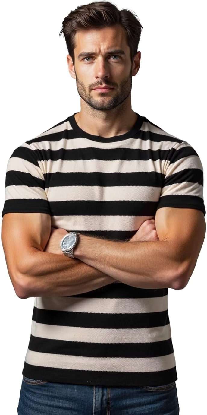 RGJU Mens Striped T Shirt Textured Pique Crewneck Fitted Casual Tee, Breathable Moisture Wicking Knit Summer Top, Regular Fit - Image 2