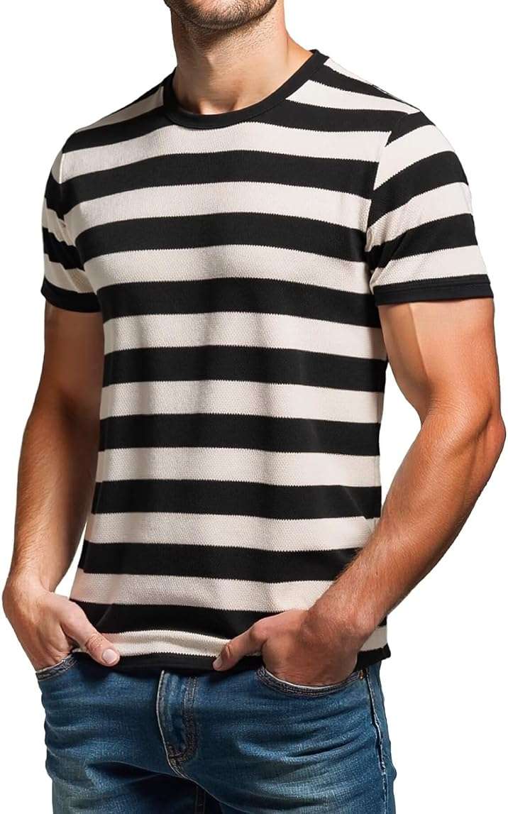 RGJU Mens Striped T Shirt Textured Pique Crewneck Fitted Casual Tee, Breathable Moisture Wicking Knit Summer Top, Regular Fit - Image 4