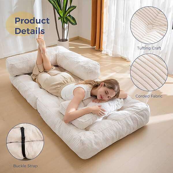 MAXYOYO Folding Sofa Bed, L-Shaped Convertible Sofa Foldable Sleeper Couch with Pillow, Portable Fold Out Chair Bed with Armrest Comfy Floor Lounge for Living Room Bedroom, Beige - Image 4