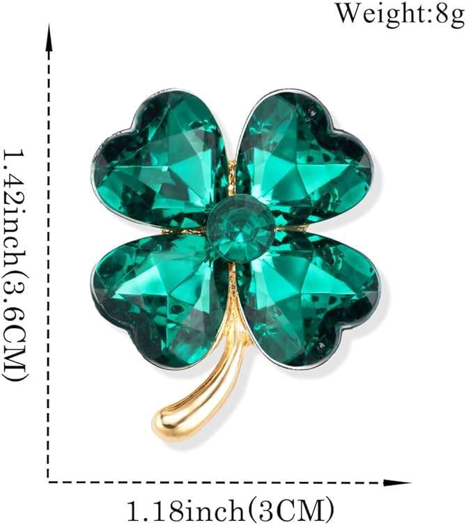 XGALBLA St. Patrick's Day Good Luck Charm Green Four Leaf Clover Brooch Pins Rhinestone Crystal Valentines Flower Lapel Brooches for Women Fashion Jewelry Gift - Image 2