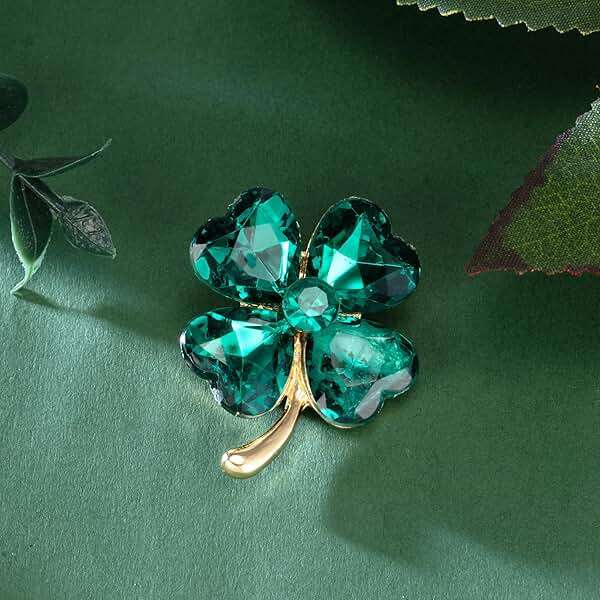 XGALBLA St. Patrick's Day Good Luck Charm Green Four Leaf Clover Brooch Pins Rhinestone Crystal Valentines Flower Lapel Brooches for Women Fashion Jewelry Gift - Image 3