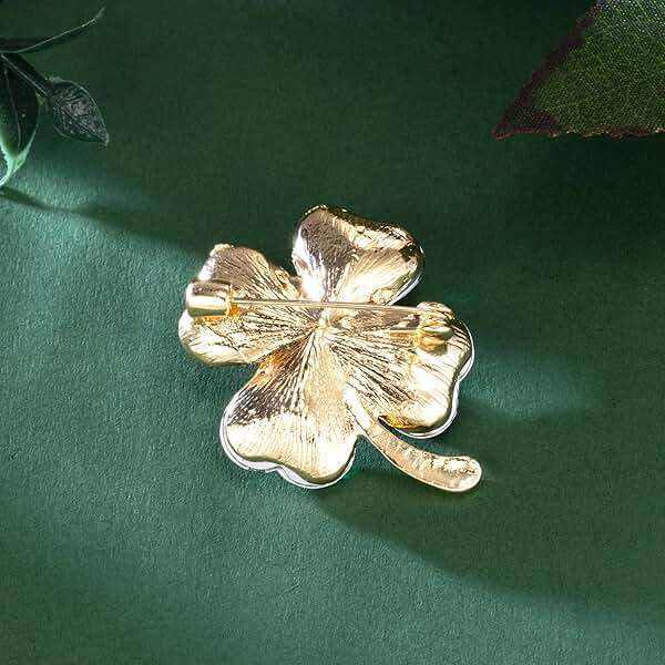 XGALBLA St. Patrick's Day Good Luck Charm Green Four Leaf Clover Brooch Pins Rhinestone Crystal Valentines Flower Lapel Brooches for Women Fashion Jewelry Gift - Image 4