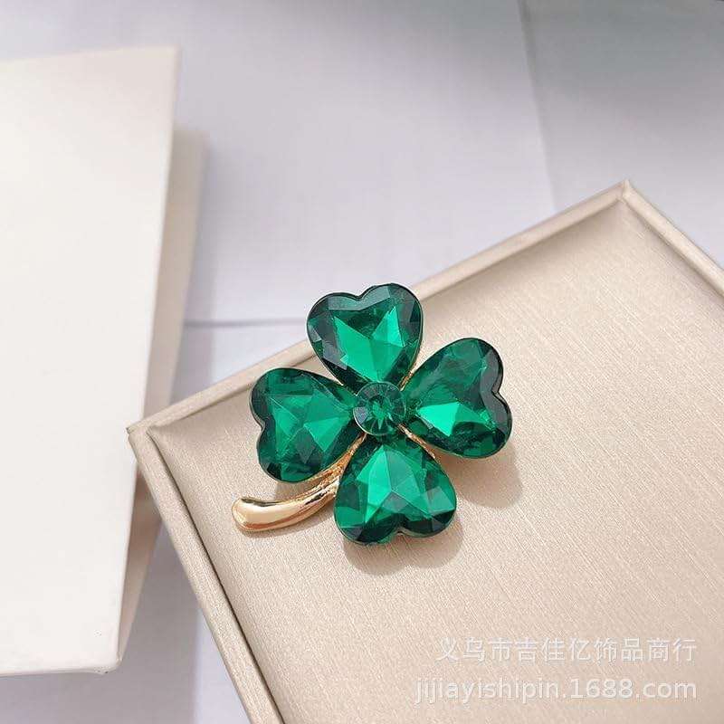 XGALBLA St. Patrick's Day Good Luck Charm Green Four Leaf Clover Brooch Pins Rhinestone Crystal Valentines Flower Lapel Brooches for Women Fashion Jewelry Gift - Image 5