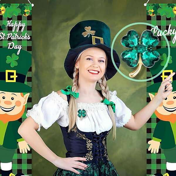 XGALBLA St. Patrick's Day Good Luck Charm Green Four Leaf Clover Brooch Pins Rhinestone Crystal Valentines Flower Lapel Brooches for Women Fashion Jewelry Gift - Image 6