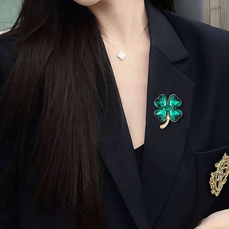 XGALBLA St. Patrick's Day Good Luck Charm Green Four Leaf Clover Brooch Pins Rhinestone Crystal Valentines Flower Lapel Brooches for Women Fashion Jewelry Gift - Image 7
