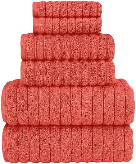 Elegant Comfort 100% Turkish Cotton Corduroy Ribbed Luxury Bath Towels 6-Piece Set, Premium Feel - Quick Dry, Highly Absorbent, Contains 2 Bath Towels, 2 Hand Towels, and 2 Washcloths, Coral - Image 1
