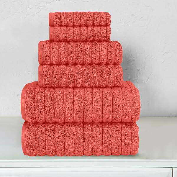 Elegant Comfort 100% Turkish Cotton Corduroy Ribbed Luxury Bath Towels 6-Piece Set, Premium Feel - Quick Dry, Highly Absorbent, Contains 2 Bath Towels, 2 Hand Towels, and 2 Washcloths, Coral - Image 2