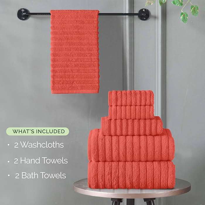 Elegant Comfort 100% Turkish Cotton Corduroy Ribbed Luxury Bath Towels 6-Piece Set, Premium Feel - Quick Dry, Highly Absorbent, Contains 2 Bath Towels, 2 Hand Towels, and 2 Washcloths, Coral - Image 4