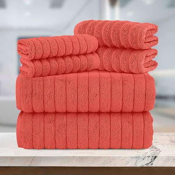 Elegant Comfort 100% Turkish Cotton Corduroy Ribbed Luxury Bath Towels 6-Piece Set, Premium Feel - Quick Dry, Highly Absorbent, Contains 2 Bath Towels, 2 Hand Towels, and 2 Washcloths, Coral - Image 7