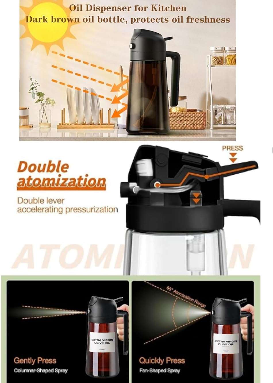 Zwzjheng 2 In1 Olive Oil Edible oil Dispenser for Kitchen, 16oz Oil Sprayer Bottle for Cooking, Glass Oil BottleSpray and Pour，Food-Grade Mister for Air Fryer, Salad,Baking，BBQ, Upgraded Light Blockin - Image 6