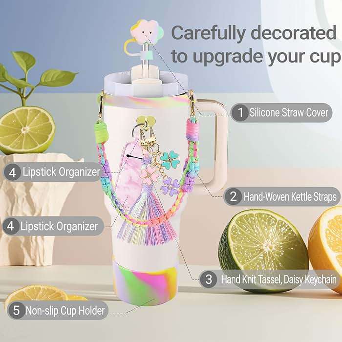 KIKIIKE Stanley Cup Accessories 8pcs Set Including Water Bottle Handle Strap,Silicone Cup Boot, Straw Cover,Stanley Charms for 30oz/40oz Tumbler - Image 2