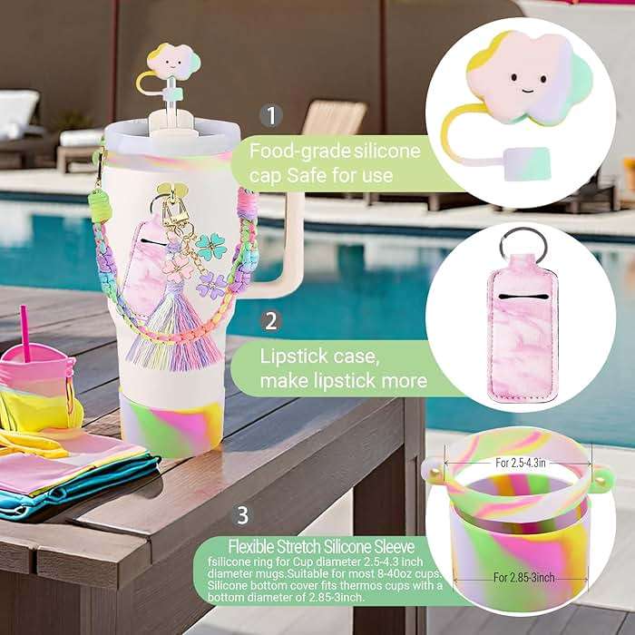 KIKIIKE Stanley Cup Accessories 8pcs Set Including Water Bottle Handle Strap,Silicone Cup Boot, Straw Cover,Stanley Charms for 30oz/40oz Tumbler - Image 4