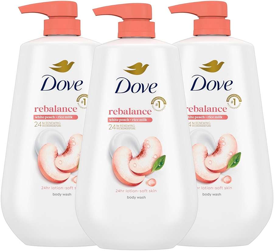 Dove Body Wash 3 Count Rebalance White Peach & Rice Milk For 24hr Lotion-Soft Skin Moisturizing Skin Cleanser with No Sulfates No Parabens - Image 1