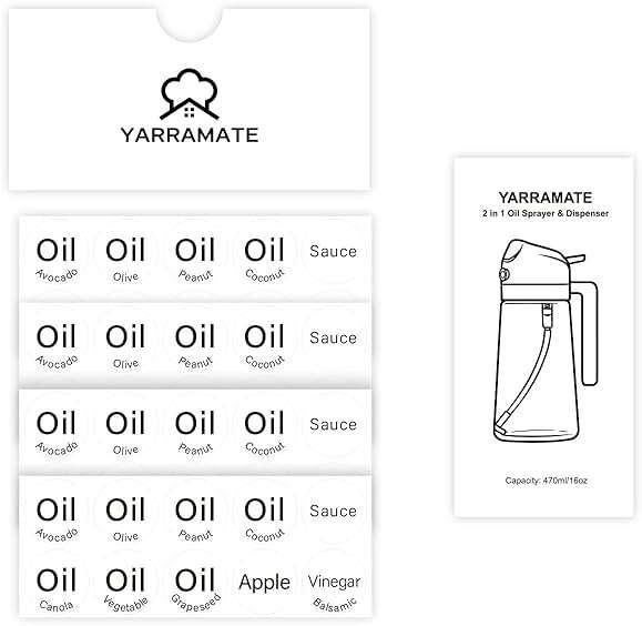 YARRAMATE 20 Labels for Oil Dispenser & Installation Guide, Stickers for Olive Oil, Sauce, and More - Image 1