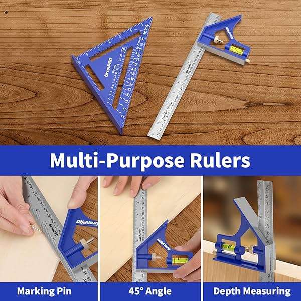 GRENPRO Combination Square Woodworking Ruler Tools, 7inch Carpenter Square Wood Working Tools and Accessories, 12inch Square Ruler, Includes 2-in-1 Carpentry Pencil, Protractor Angle Machinist Tool - Image 3