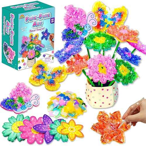 AGENTLAN Poke Art Bouquet Craft Kit,Mess-Free 3D Crafts for Kids Ages 3-8 | Glue free with flower pot,poke in foam flowers, butterflies,DIY arts and crafts gift for toddlers - Image 1