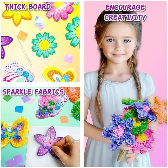 AGENTLAN Poke Art Bouquet Craft Kit,Mess-Free 3D Crafts for Kids Ages 3-8 | Glue free with flower pot,poke in foam flowers, butterflies,DIY arts and crafts gift for toddlers - Image 3