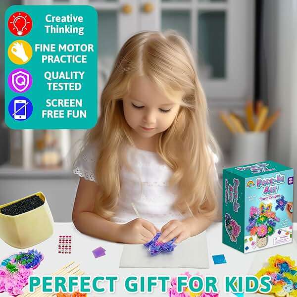 AGENTLAN Poke Art Bouquet Craft Kit,Mess-Free 3D Crafts for Kids Ages 3-8 | Glue free with flower pot,poke in foam flowers, butterflies,DIY arts and crafts gift for toddlers - Image 6
