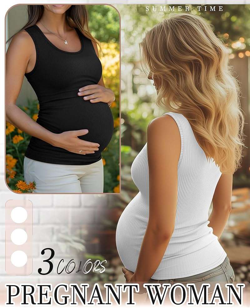 Riyiper 3 Pack Women's Maternity Tank Tops, Sleeveless Cotton Pregnancy Shirts Ribbed Knit Sides Ruched Basic Mama Clothes - Image 2