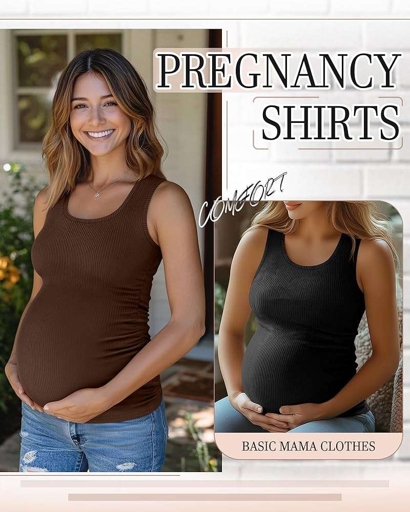 Riyiper 3 Pack Women's Maternity Tank Tops, Sleeveless Cotton Pregnancy Shirts Ribbed Knit Sides Ruched Basic Mama Clothes - Image 3