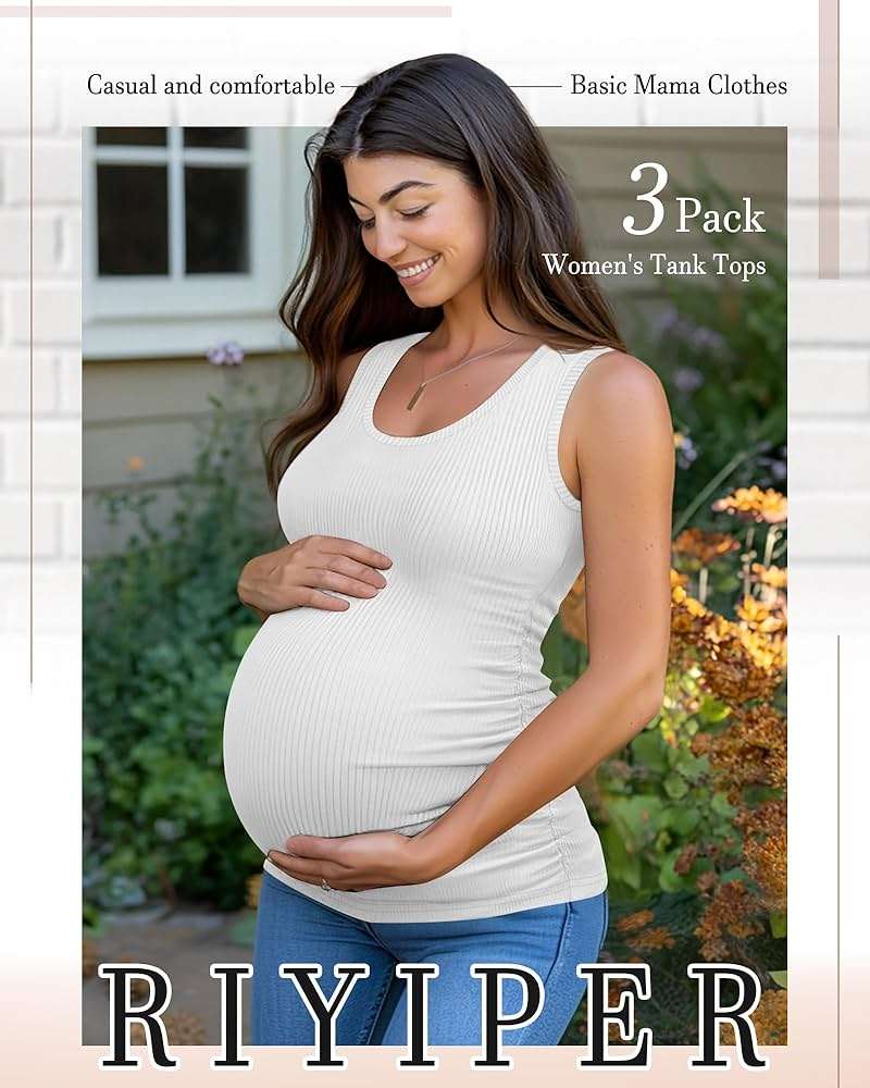 Riyiper 3 Pack Women's Maternity Tank Tops, Sleeveless Cotton Pregnancy Shirts Ribbed Knit Sides Ruched Basic Mama Clothes - Image 4