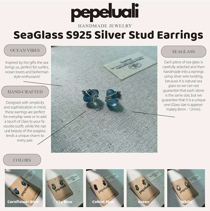 PEPELUALI Sea Glass S925 Silver Stud Earrings Jewelry Beach Glass Earrings Weddings Valentine Birthday Gift For Her Ocean Earrings Gift for Women - Image 4