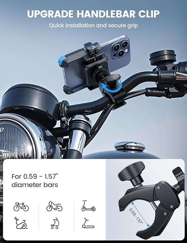 Lamicall Motorcycle Bike Phone Mount - [1s Quick Release] Bike Cell Phone Holder Clip, Bicycle Scooter Handlebar Clamp, Gifts for iPhone 17 16 15 14 Pro Max, Galaxy S25 S24 Ultra, 4.7-7" Phones, Blue - Image 6