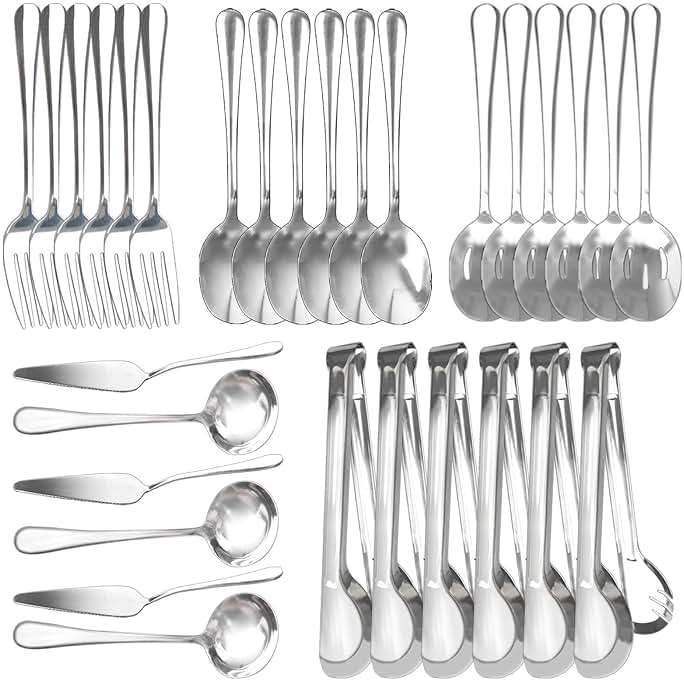 TANEMUDO 30 Pcs Stainless Steel Serving Utensils Set,With Large Spoons, Slotted Spoons, Forks, Soup Ladle, Pie Server, and Tongs for Home Buffet Party Supplies(Silver) - Image 1