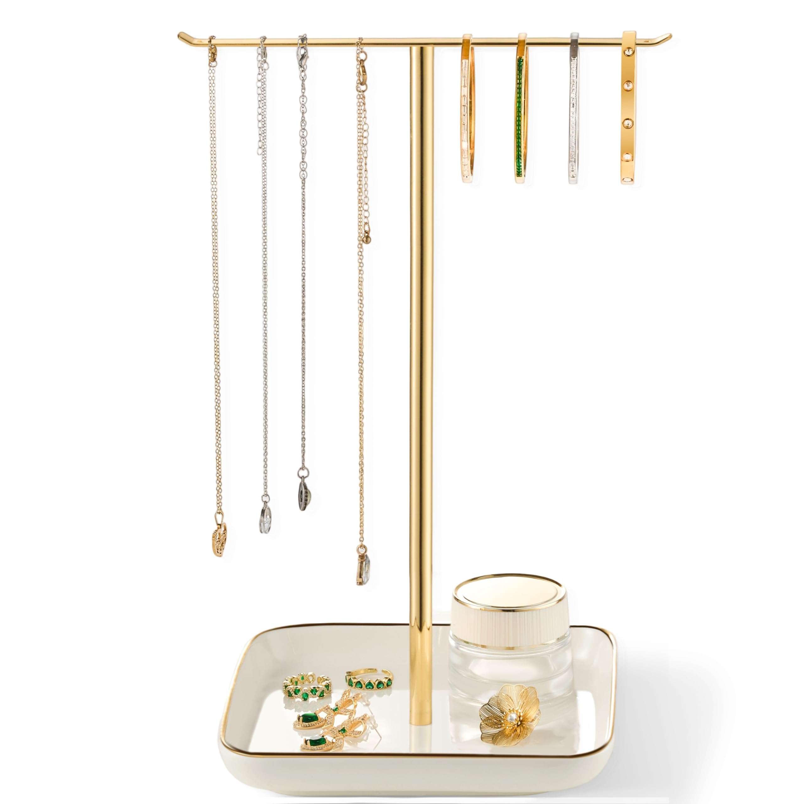 pickpiff Necklace Holder Stand with Ceramic Base: 12" Jewelry Tree Display Organizer for Necklaces, Bracelets, Rings, Earrings, Tall Gold Stand for Women, Aesthetic Room Décor, Gold and White - Image 1