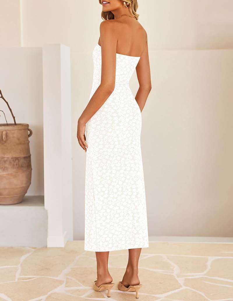 ZESICA Women's 2026 Summer Floral Strapless Bodycon Midi Dress Off Shoulder Beach Formal Cocktail Wedding Guest Long Dresses - Image 4