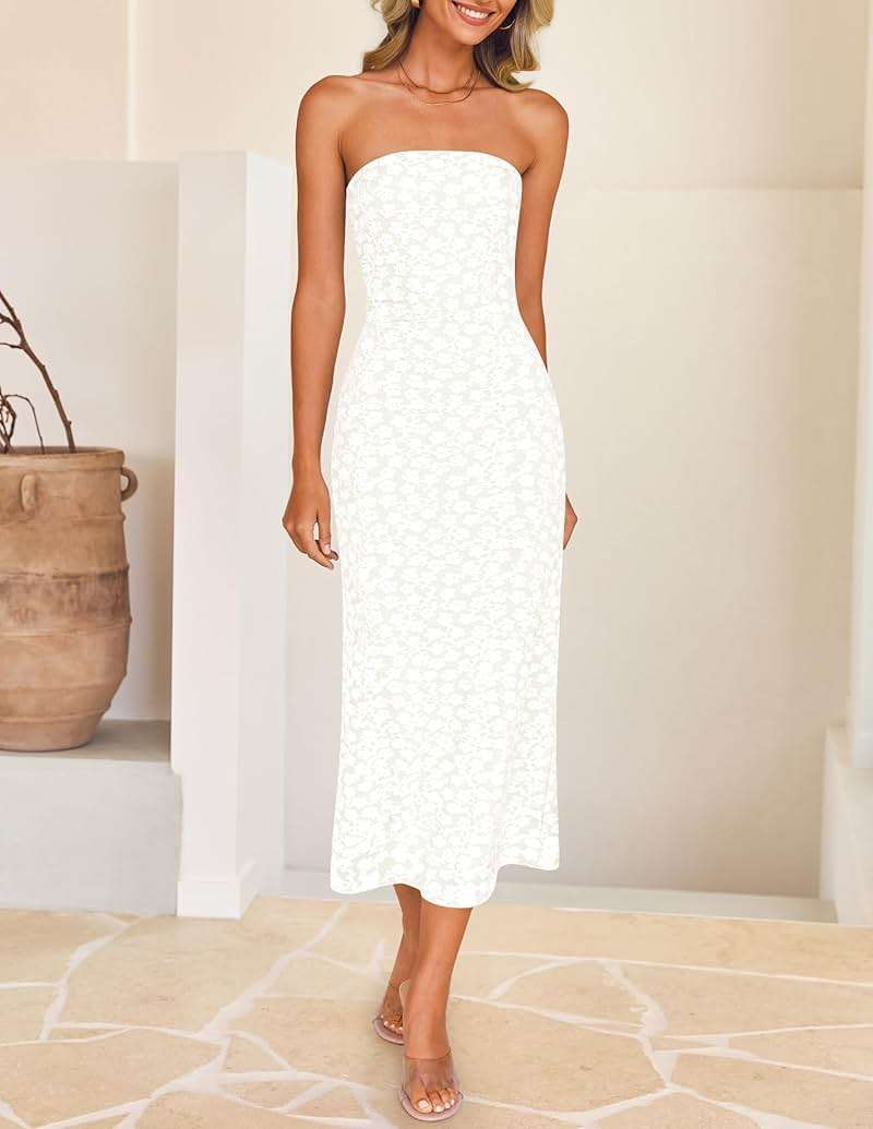 ZESICA Women's 2026 Summer Floral Strapless Bodycon Midi Dress Off Shoulder Beach Formal Cocktail Wedding Guest Long Dresses - Image 7