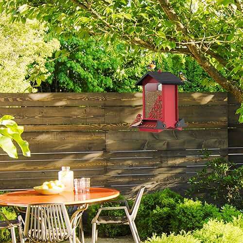 Squirrel Proof Bird Feeder for Outdoor Hanging,Metal Bird Seed Feeder with Bilateral Weight Activated Perches,5LB Large Capacity Wild Bird Feeders for Outside,Easy Refill and Clean,Red - Image 2