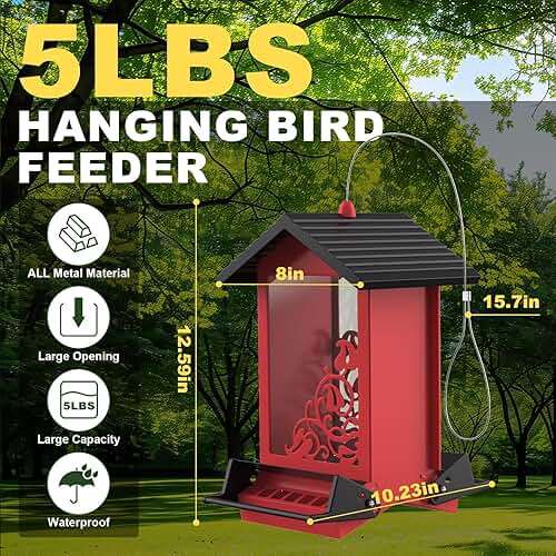 Squirrel Proof Bird Feeder for Outdoor Hanging,Metal Bird Seed Feeder with Bilateral Weight Activated Perches,5LB Large Capacity Wild Bird Feeders for Outside,Easy Refill and Clean,Red - Image 3