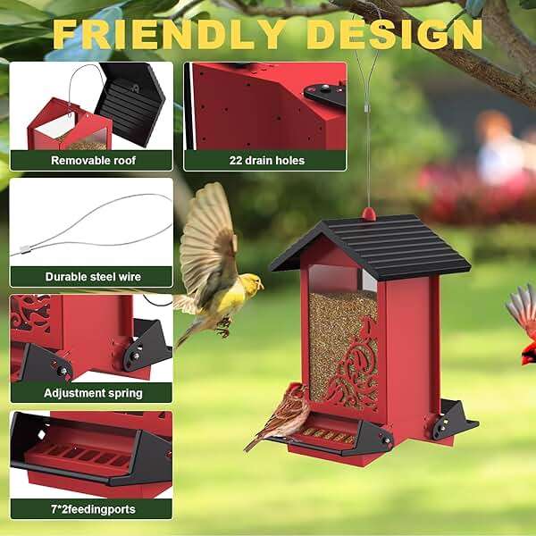 Squirrel Proof Bird Feeder for Outdoor Hanging,Metal Bird Seed Feeder with Bilateral Weight Activated Perches,5LB Large Capacity Wild Bird Feeders for Outside,Easy Refill and Clean,Red - Image 4