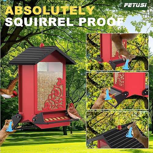 Squirrel Proof Bird Feeder for Outdoor Hanging,Metal Bird Seed Feeder with Bilateral Weight Activated Perches,5LB Large Capacity Wild Bird Feeders for Outside,Easy Refill and Clean,Red - Image 5