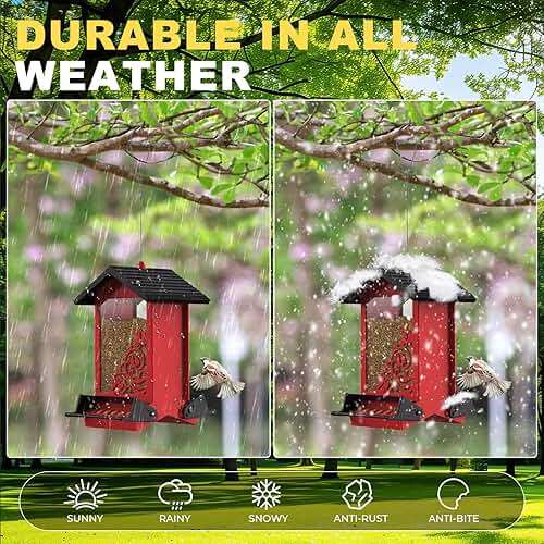 Squirrel Proof Bird Feeder for Outdoor Hanging,Metal Bird Seed Feeder with Bilateral Weight Activated Perches,5LB Large Capacity Wild Bird Feeders for Outside,Easy Refill and Clean,Red - Image 6