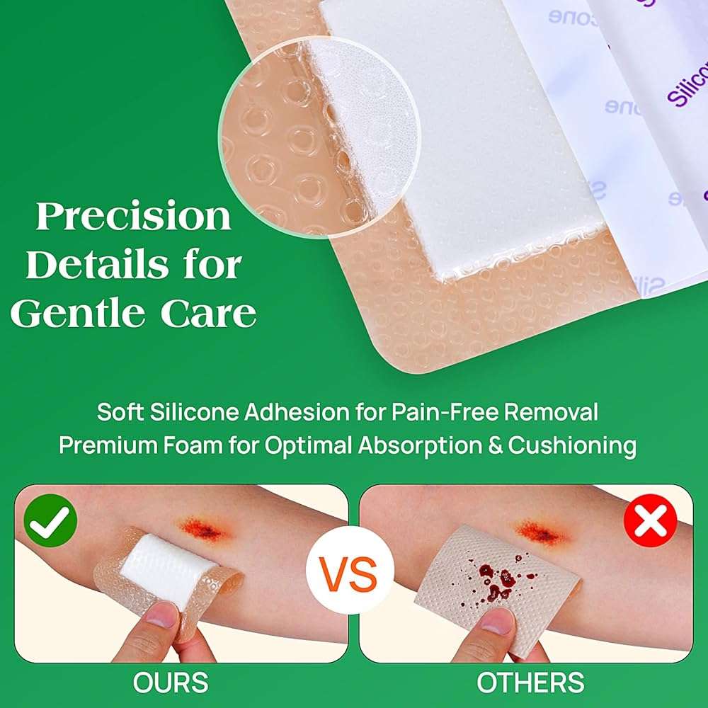 Silicone Foam Dressing with Border, 4"×4"(20 pcs) Gentle Adhesive Foam Dressing for Wound Care,Waterproof,Breathable,Highly Absorbent Silicone Bandage Care for Pressure Sores, Ulcers - Image 5
