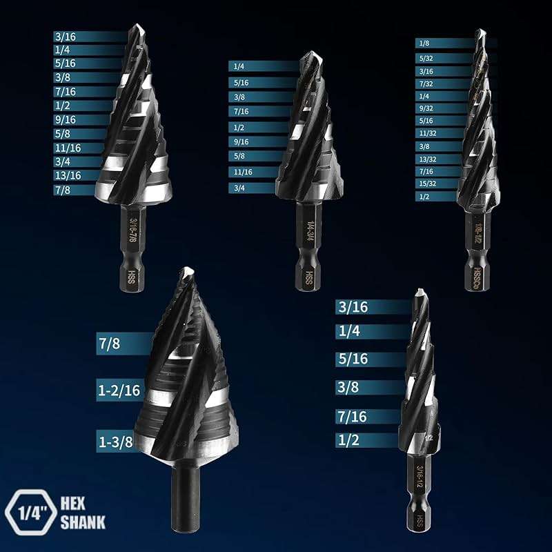 TVWVT Step Drill Bit Set, 5PCS Four Spiral Flute Step Bits for Metal, 50 Sizes Titanium-Coated HSS Drill Bits with 1/4" Hex Shank for Stainless Steel Aluminum Wood Plastic - Image 2