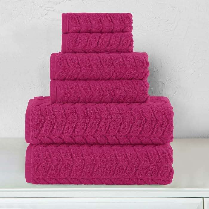 Elegant Comfort Luxury 6-Piece 100% Turkish Cotton Jacquard Braided Textured Premium Hotel Quality Towel Set– Soft and Absorbent, Includes 2 Bath Towels, 2 Hand Towels and 2 Washcloths, Hot Pink - Image 2