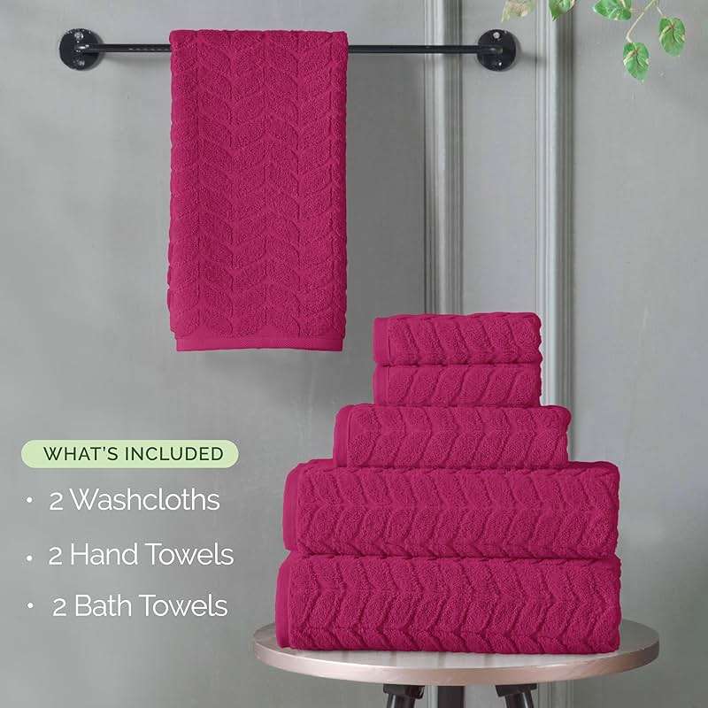 Elegant Comfort Luxury 6-Piece 100% Turkish Cotton Jacquard Braided Textured Premium Hotel Quality Towel Set– Soft and Absorbent, Includes 2 Bath Towels, 2 Hand Towels and 2 Washcloths, Hot Pink - Image 4
