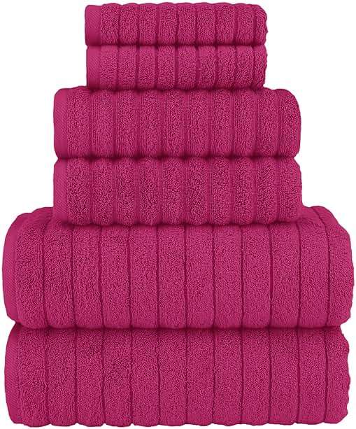 Elegant Comfort 100% Turkish Cotton Corduroy Ribbed Luxury Bath Towels 6-Piece Set, Premium Feel - Quick Dry, Highly Absorbent, Contains 2 Bath Towels, 2 Hand Towels, and 2 Washcloths, Hot Pink - Image 1