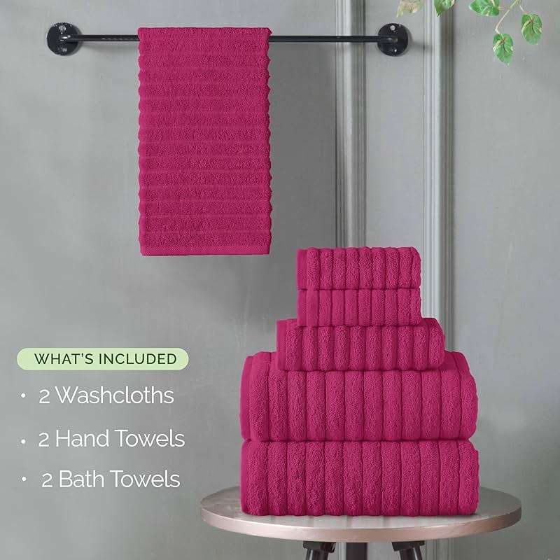 Elegant Comfort 100% Turkish Cotton Corduroy Ribbed Luxury Bath Towels 6-Piece Set, Premium Feel - Quick Dry, Highly Absorbent, Contains 2 Bath Towels, 2 Hand Towels, and 2 Washcloths, Hot Pink - Image 4