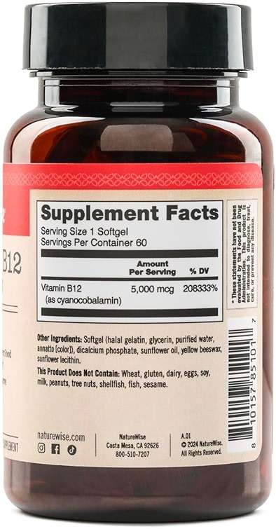 NatureWise Vitamin B12 5000 mcg - Extra Strength - Supplement for Supporting Energy Levels, Mental Clarity, Nervous System Health - Easy-to-Swallow, Soy and Gluten-Free, Non-GMO - 60 Softgels - Image 3