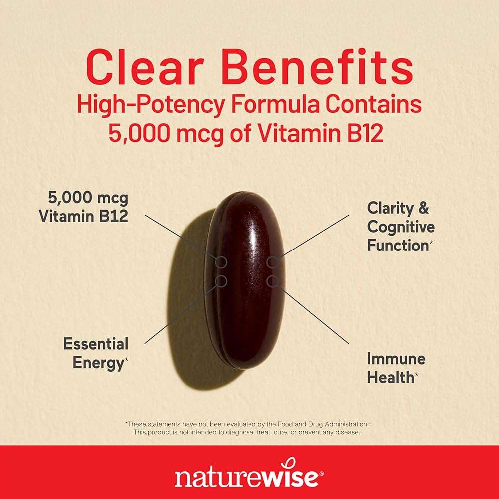 NatureWise Vitamin B12 5000 mcg - Extra Strength - Supplement for Supporting Energy Levels, Mental Clarity, Nervous System Health - Easy-to-Swallow, Soy and Gluten-Free, Non-GMO - 60 Softgels - Image 5