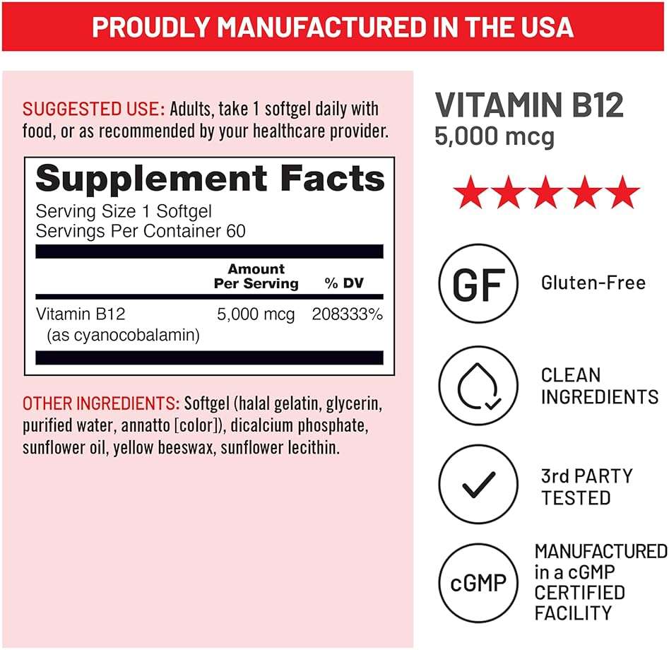 NatureWise Vitamin B12 5000 mcg - Extra Strength - Supplement for Supporting Energy Levels, Mental Clarity, Nervous System Health - Easy-to-Swallow, Soy and Gluten-Free, Non-GMO - 60 Softgels - Image 6